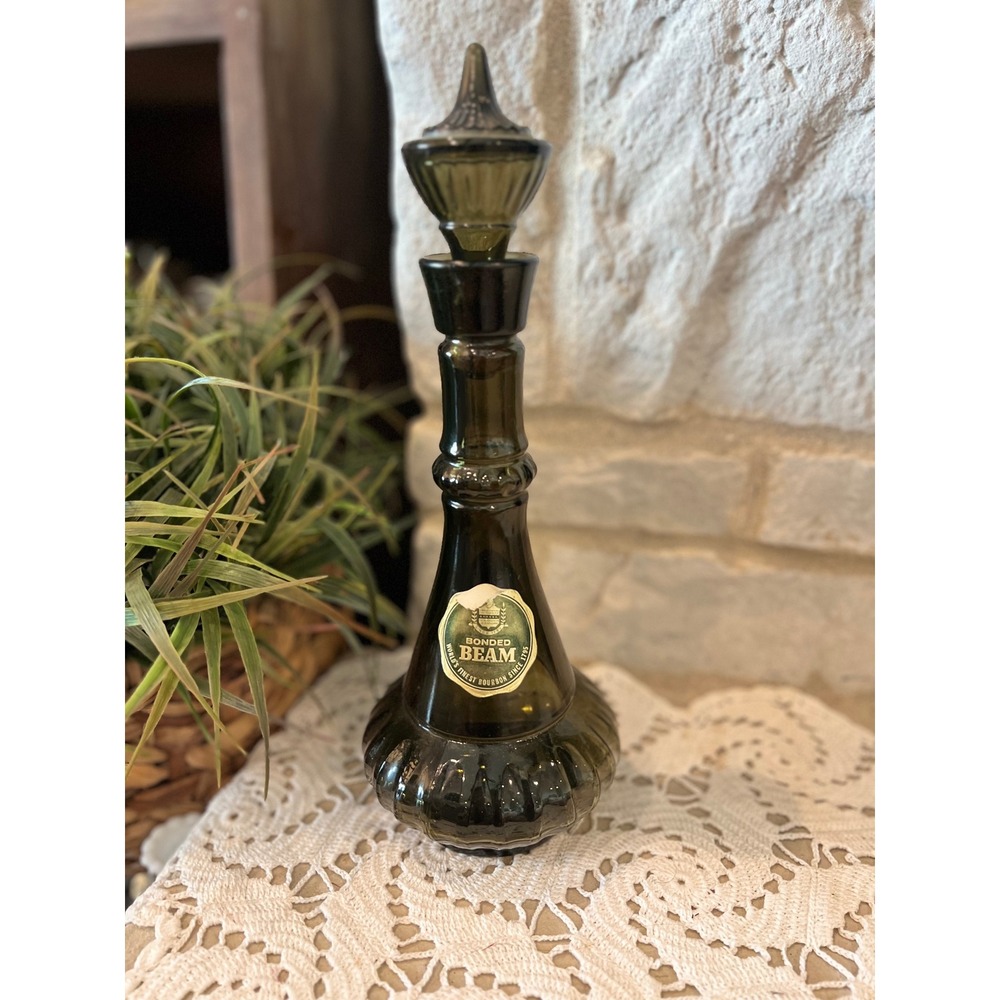 Vintage 1964 Jim Beam Green Glass Genie Bottle Decanter with Stopper MCM